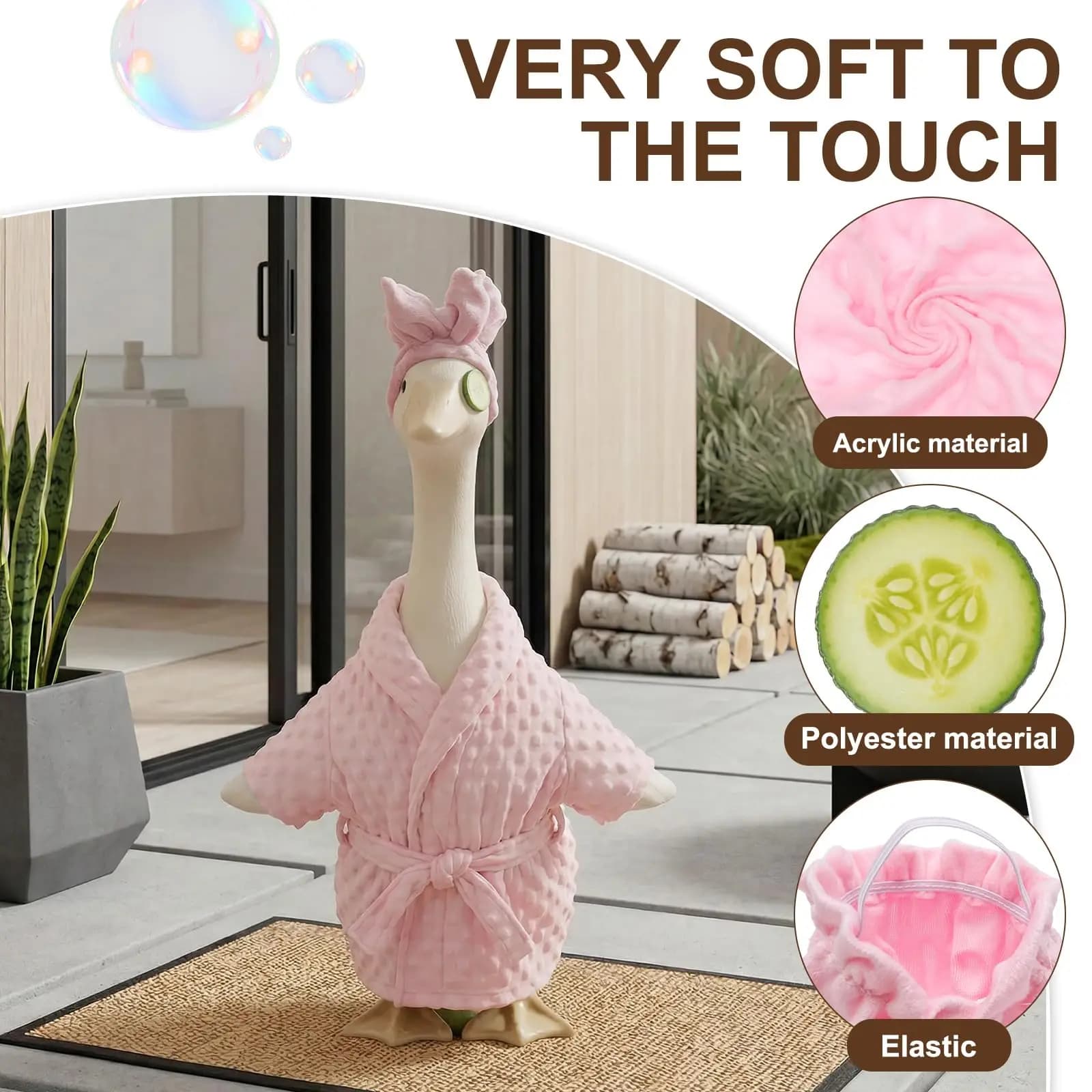 Set Costume per Oca da Giardino - Foulard*1 + Accappatoio Rosa/Giallo*1 + Cintura*1 + Fette di Cetriolo*2 Divertente Abbigliamento per Statua di Oca da Cortile