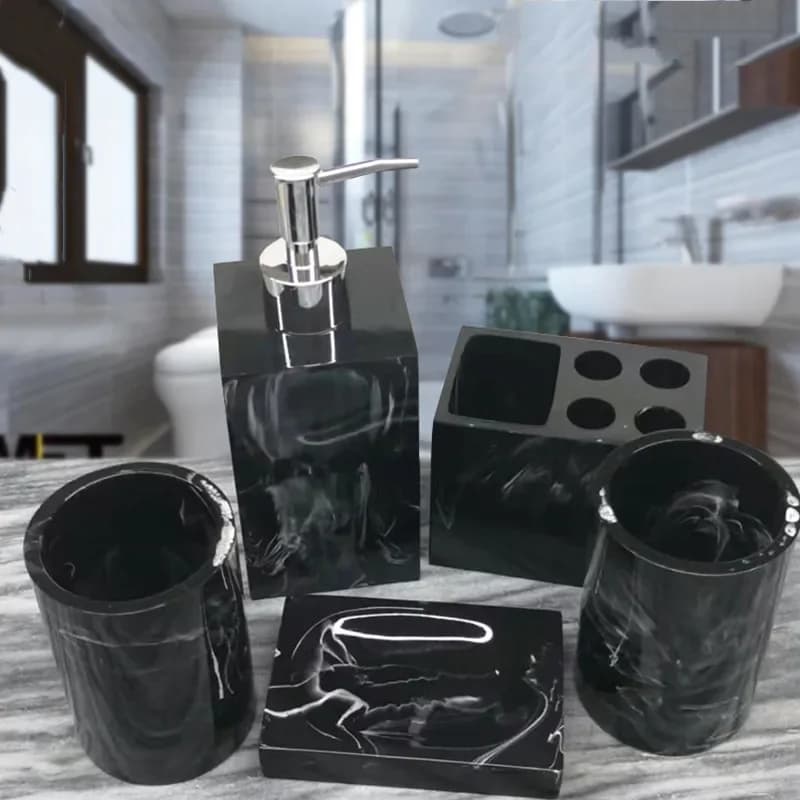 Set da cinque pezzi per bagno Set di lavaggio con motivo a inchiostro in marmo in resina Vassoio portaoggetti Porta spazzolino Tazza per collutorio Accessori per il bagno