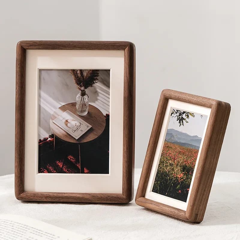 HeMu Minimalist Solid Wood Photo Frame, Walnut Wood Picture Frame with Mat, Tabletop & Wall Mounted Photo Display for Home Decor