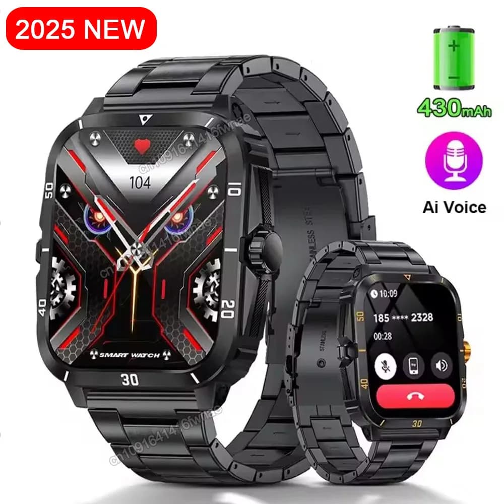 2025 Outdoor Military Watch 1.96 "Smartwatch Men's Call Bluetooth Health Monitor Smart Watch Sport Fitness Watches for Android