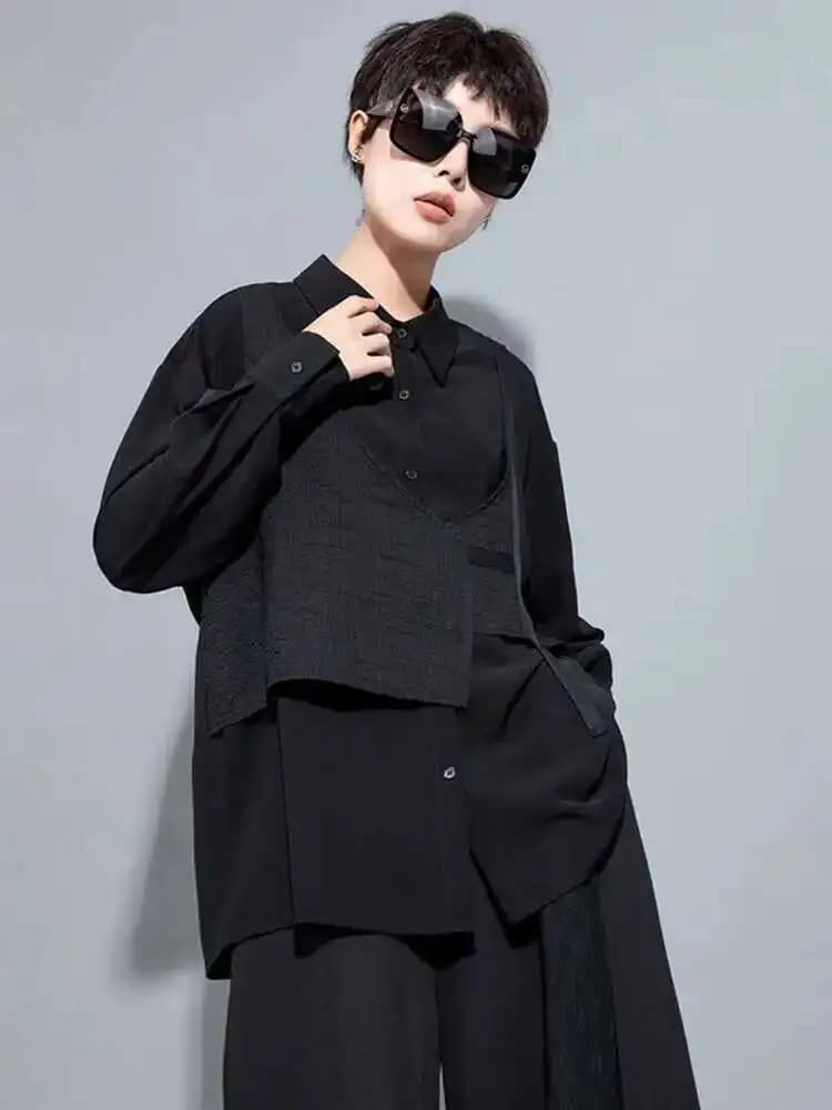 Camicetta da donna nera a pieghe irregolari di grandi dimensioni Nuova camicia ampia a maniche lunghe con risvolto Moda Primavera Autunno