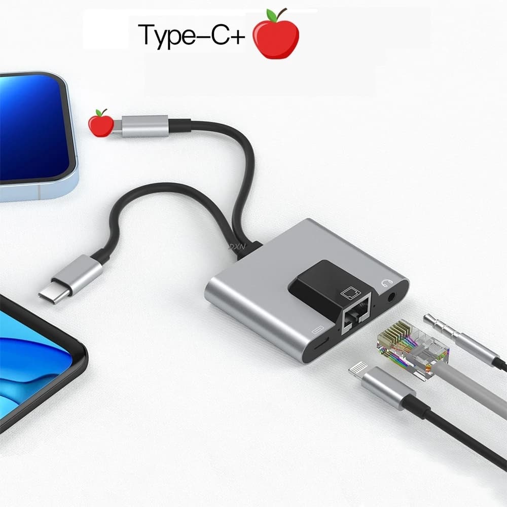 Hub RJ45 da tipo C a 3,5 mm USB C a Ethernet LAN Adattatore di rete Audio PD Docking station di ricarica rapida per tablet portatile telefono
