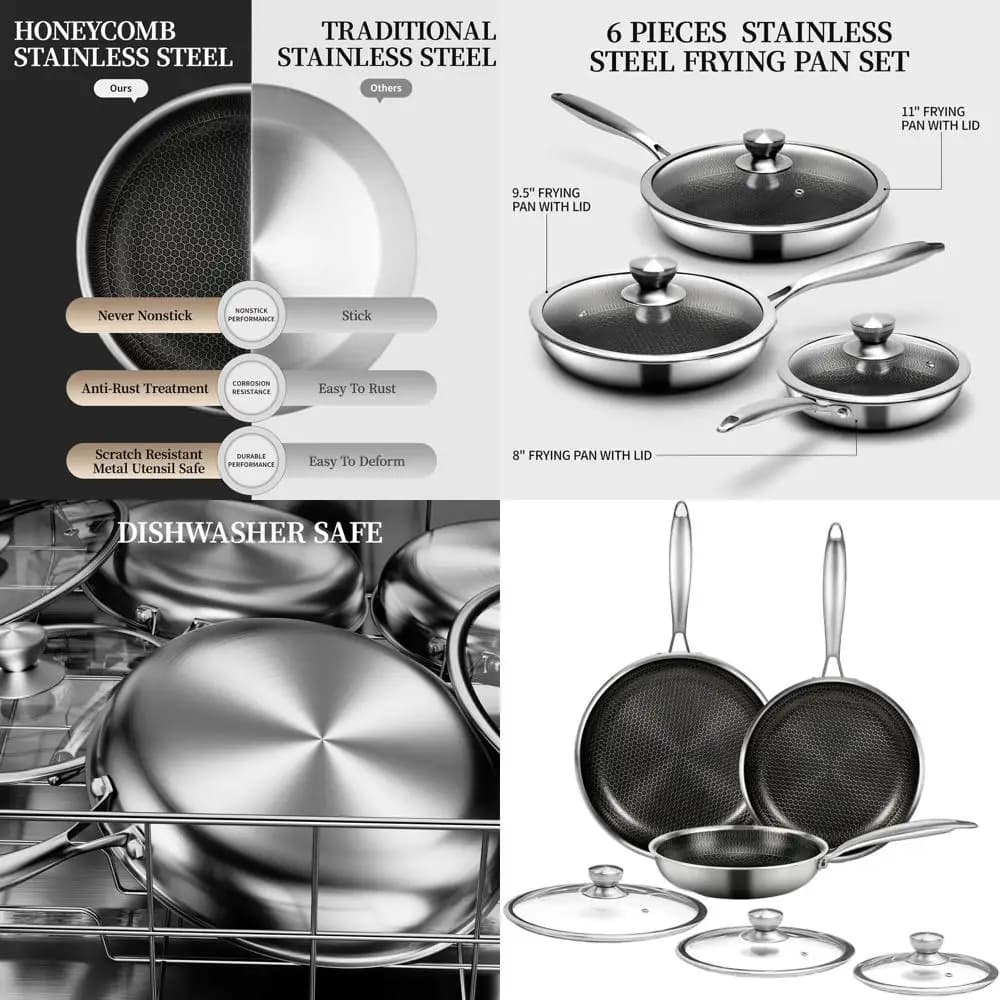 Set of 6-piece stainless steel honeycomb non-stick pans with lids, compatible with induction, without PFOA