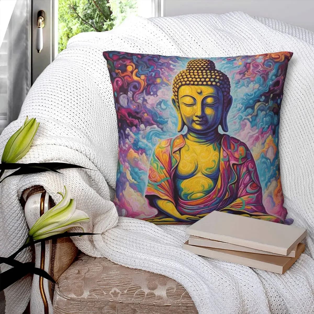 Colorful Buddha Meditation Square Pillowcase Cushion Cover Pillow Case Throw Pillow Cover for Home Bedroom Car