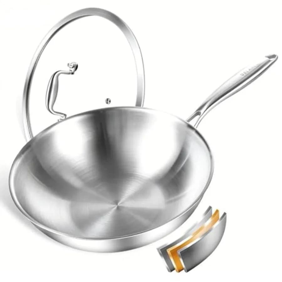Stainless Steel Wok Tri-Ply 12-inch, Sana and Non-Toxic Non-stick pan with lid, Larga and Deep Pentola for Stir-Fry, Dishwasher Washable