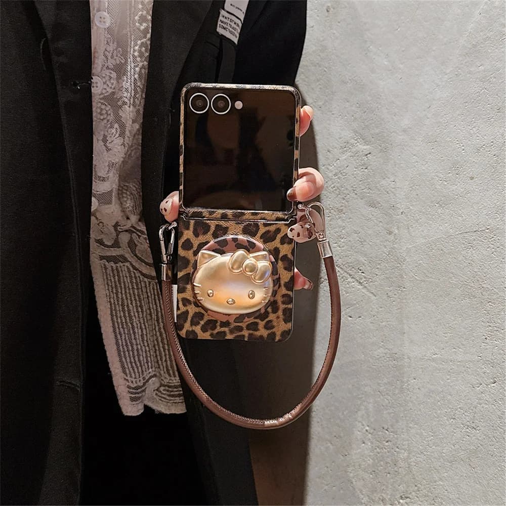 Custodia magnetica per telefono con stampa leopardata in pelle elegante per Samsung Galaxy Z Flip 7 Flip6 flip5 6 Cover 3D KT Cat con supporto Magsafe