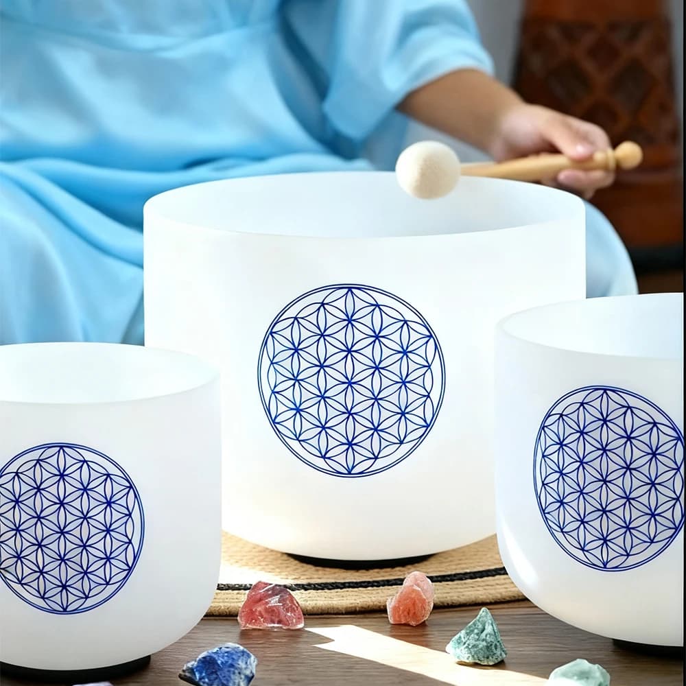 Hye-eun 8"G 10"E 12"C Life of Flower Crystal Singing Bowls Chakra Set of 3pcs Tibetan Bowl with Bags for Yoga Sound Healing