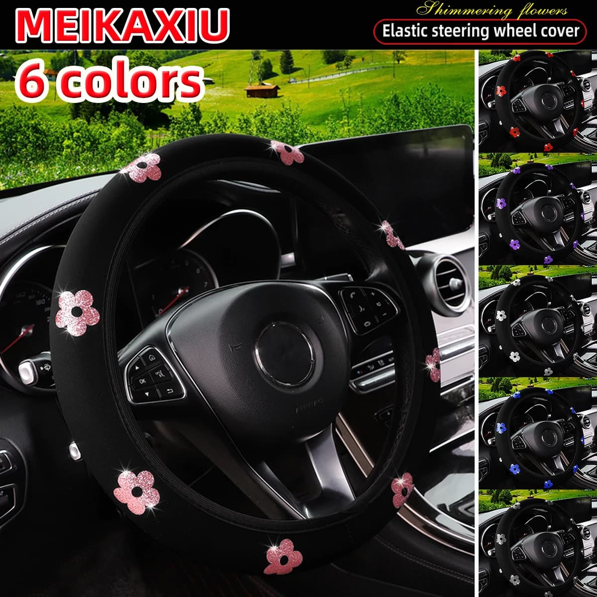 Materiale da immersione con bellissimi fiori che brillano Blingbling. Coprivolante per auto senza anello interno per donna.