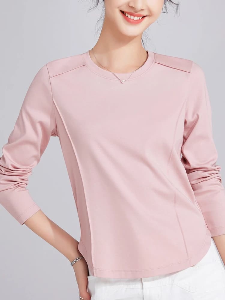 Pima Cotton Contour Fit T-shirt a maniche lunghe da donna Autunno Essential Cuciture a contrasto Girocollo Stratificazione Staple Premium Basic Top