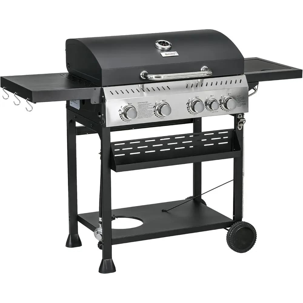 Griglia a gas propano a 4 fuochi, barbecue da esterno da 40.000 BTU con area di cottura di 430 pollici quadrati, ruote, griglia riscaldante, ripiani, termometro, porta bombole