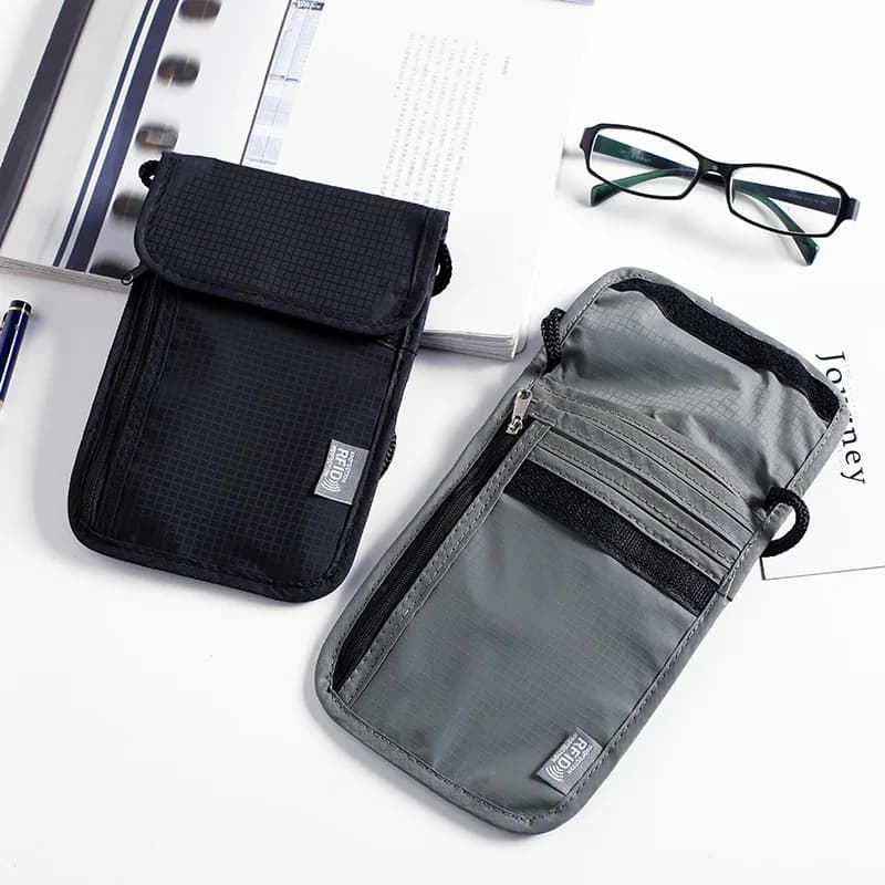 Portafoglio in nylon resistente all'usura per documenti, borsa a tracolla multifunzionale impermeabile da appendere al collo per passaporto