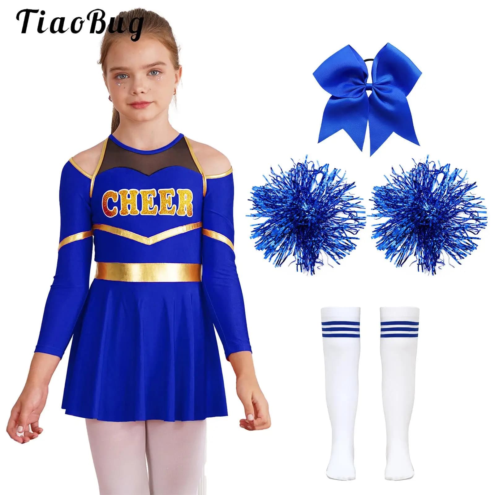 Costume da cheerleader per ragazze, vestito da ballo da cheerleader, uniforme da allegria, calzini con pompon, per feste a tema di carnevale di Halloween
