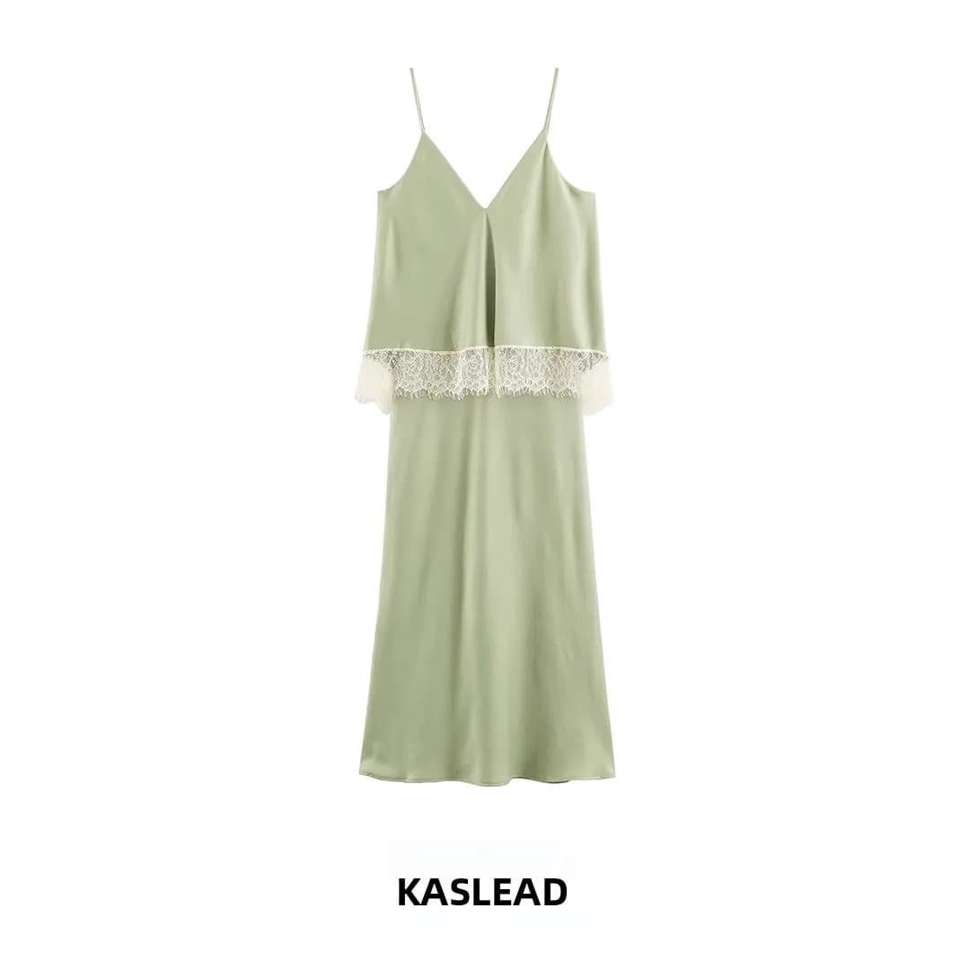 KASLEAD New Women's Fashion Slim Fit Lace Patchwork Strap Dress Polyester Fiber A-Line Skirt Style City Commute Suitable