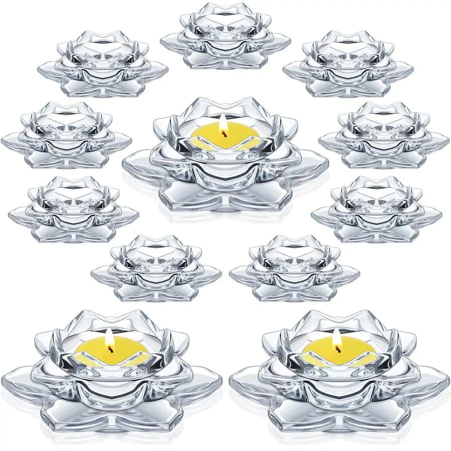 Set di 12 Portacandele in Cristallo a Forma di Loto, Portacandele Tealight in Cristallo per Decorazioni Natalizie, Casa, Matrimoni e Feste