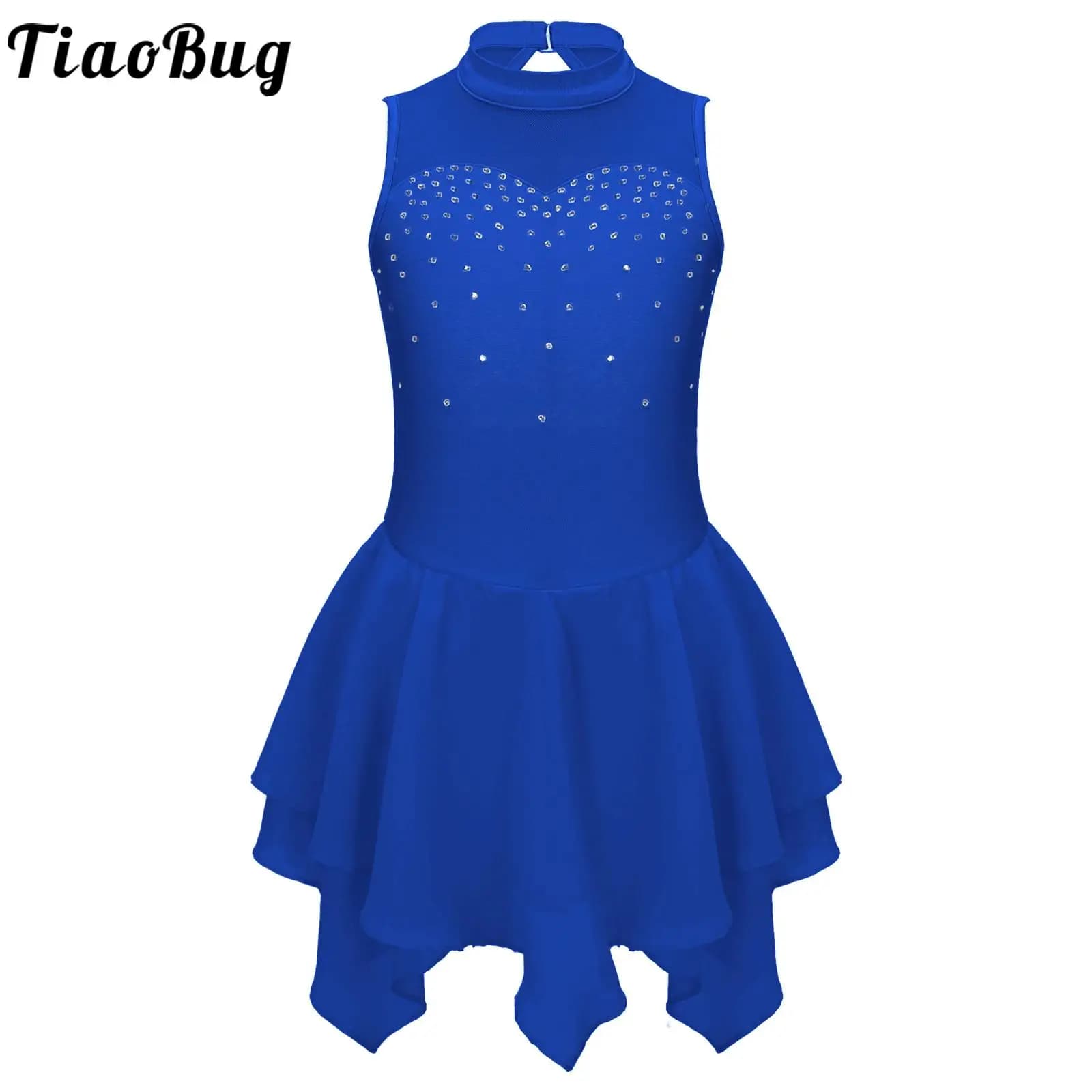Bambini Ragazze Balletto Danza Pattinaggio di Figura Vestito Ginnastica Body Senza Maniche Lucido Strass Costume Spettacolo Teatrale Dancewear