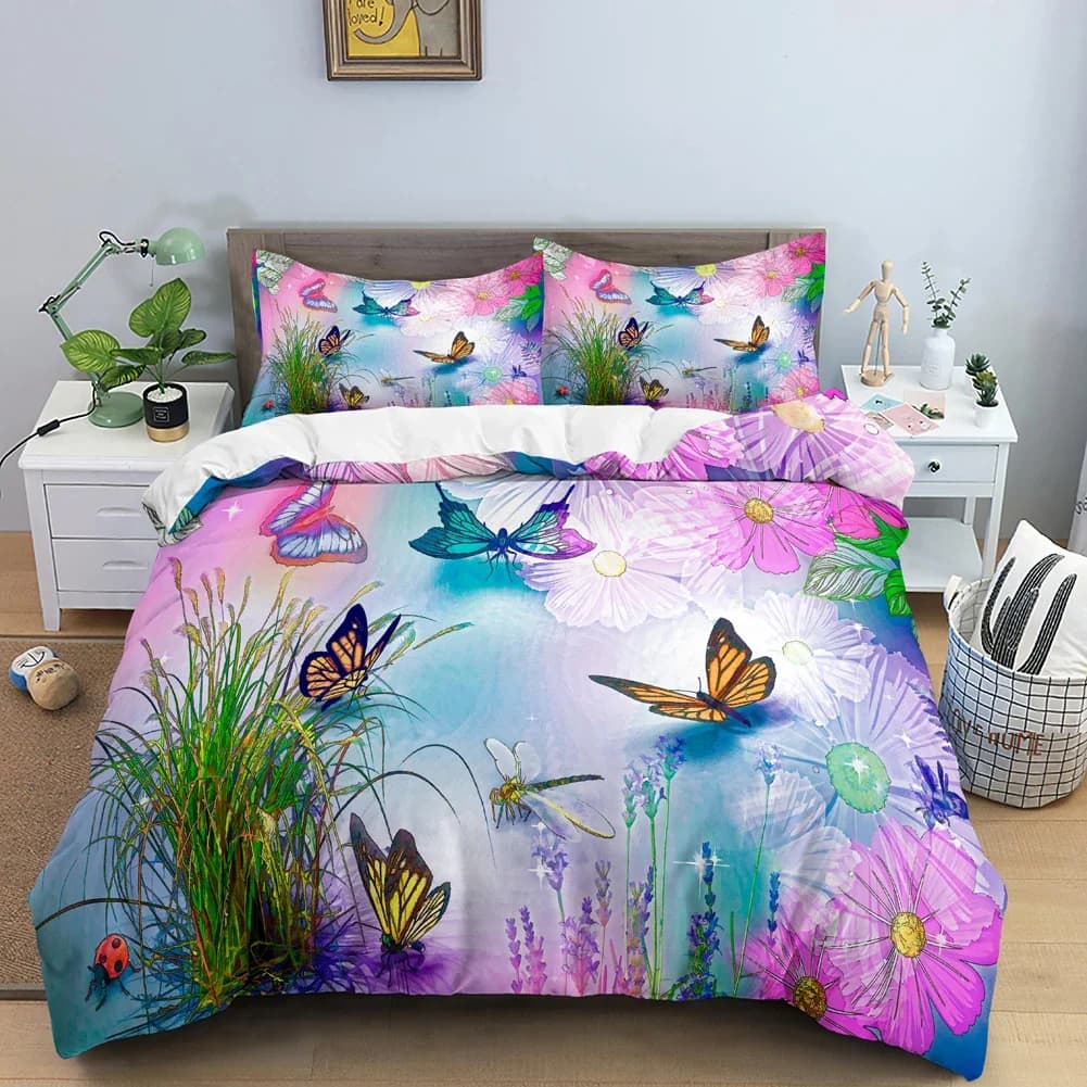 Set butterfly bed linen Cover with 3D flowers Zippered cover Set polyester double quilt Set Queen Christmas gift for girl for children