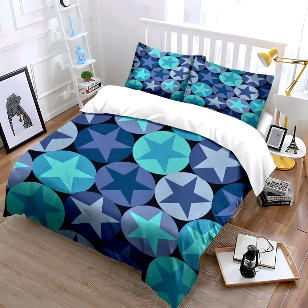 Set decorativo con motivo a stelle, set di biancheria da letto morbido e delicato sulla pelle, include 1 copripiumino e 2 federe, idea regalo