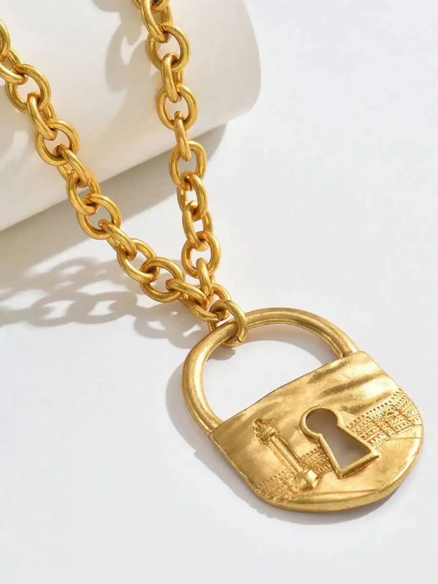 Vintage-Style Gold-Tone Alloy Padlock Pendant On Chunky Chain, Statement Sweater Necklace For Women