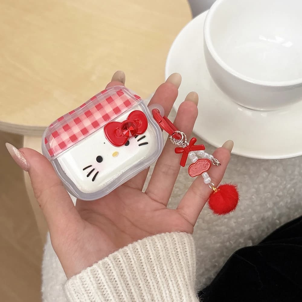 Custodia Protettiva Rigida per Auricolari Wireless Bluetooth Airpods 1 2 3 4 Pro 2 3, Design Carino Cartone Animato Sanrio Hello Kitty con Fiocco