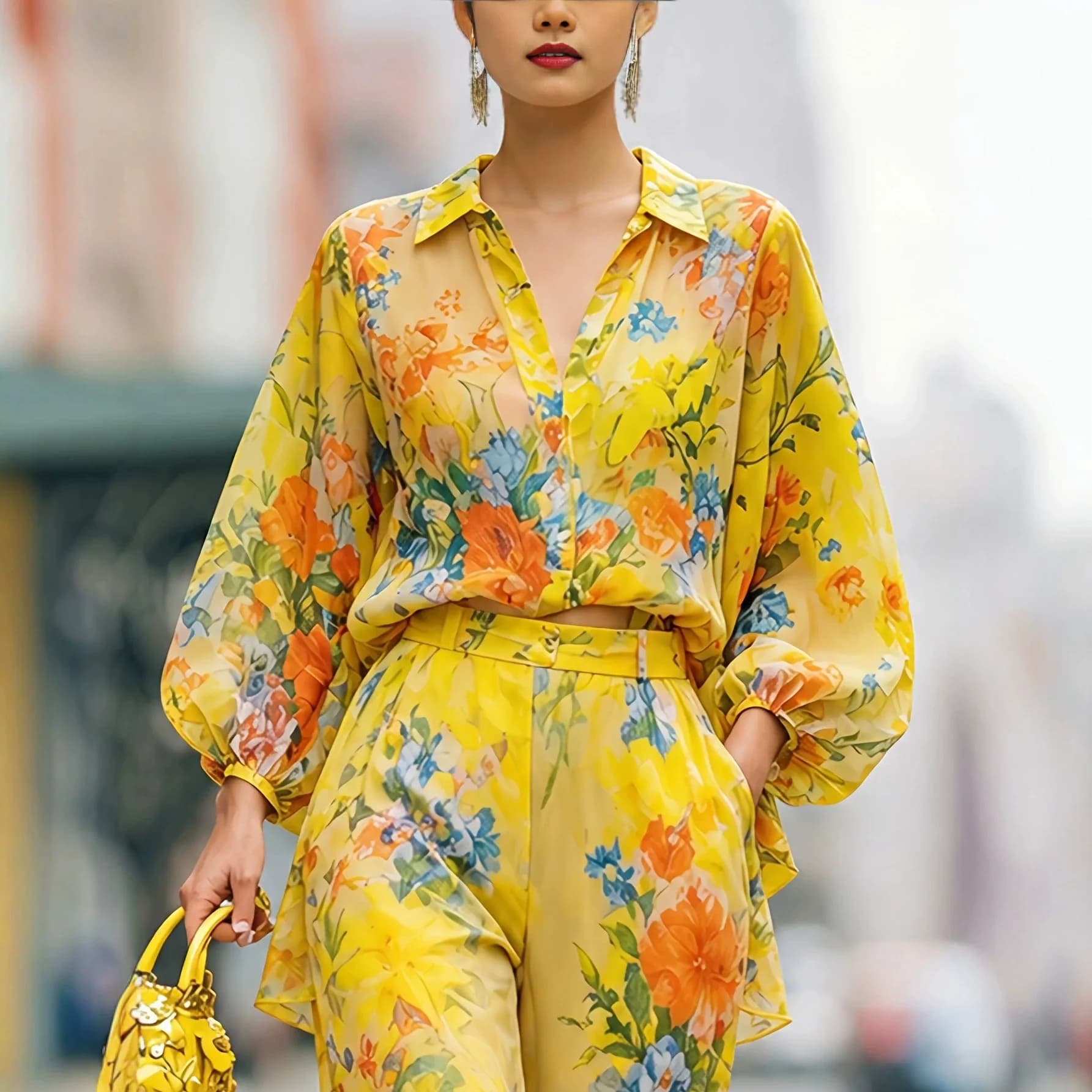 Floral Print Two-Piece Set for Women Button-Down Shirt High Waist Wide Leg Pants Chiffon Sheer Blouse Trousers Outfit Pockets