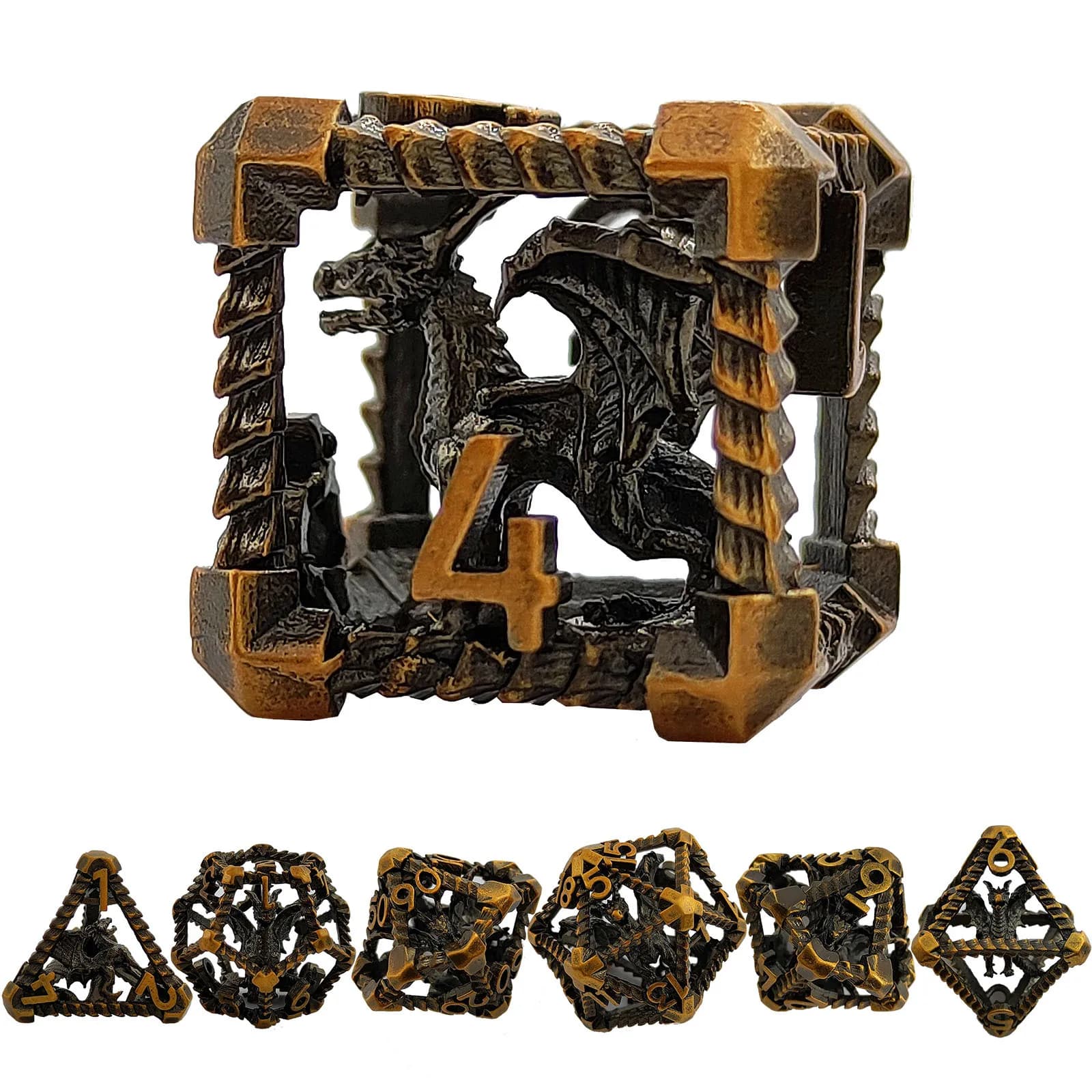 7 pezzi set di dadi DND metallo pterosauro cavo TRPG D&D giochi da tavolo Dungeons Dragons TRPG D4 D6 ~ D20 dadi didattici digitali poliedrici