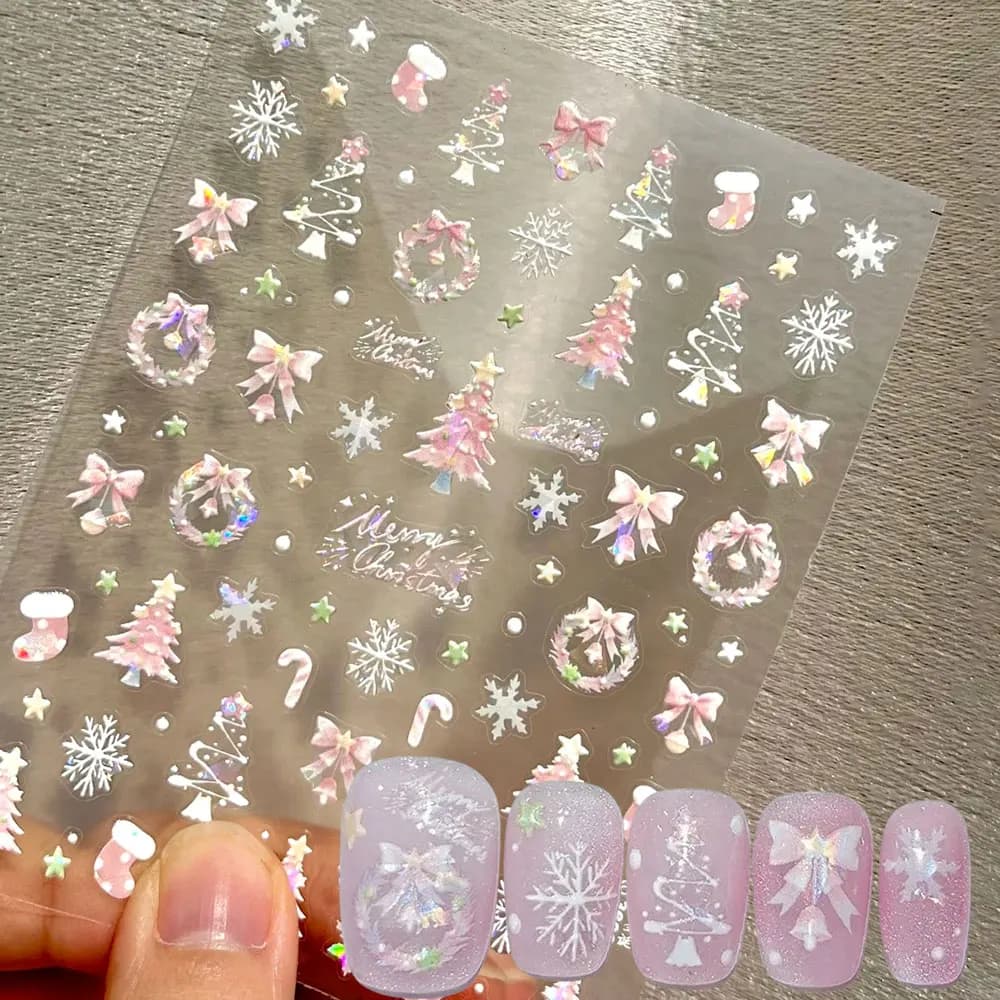 1 pz Aurora Rosa Albero Di Natale Arco Corona Unghie artistiche Adesivi Carino Rosa Calza Fiocchi di Neve Decalcomanie Per Unghie Autoadesive Decorazioni di Natale