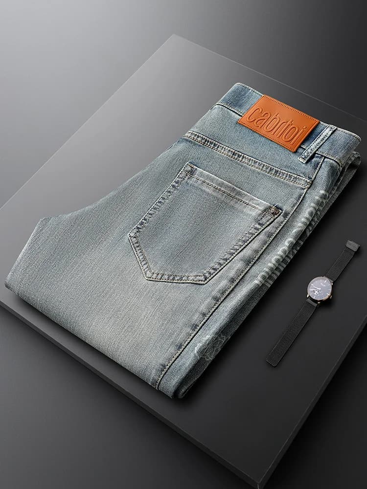Classic Light Blue Men's Slim Fit Straight Leg Elastic Casual Jeans Side S Splicing Faionable Urban Sle All Seasons