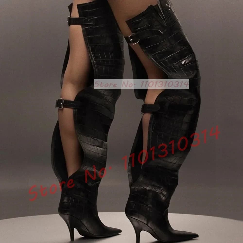 Black crocodile thigh boots with wide fit woman Streetwear Sexy belt buckle fashionable women's folded shoes back dig out long boots