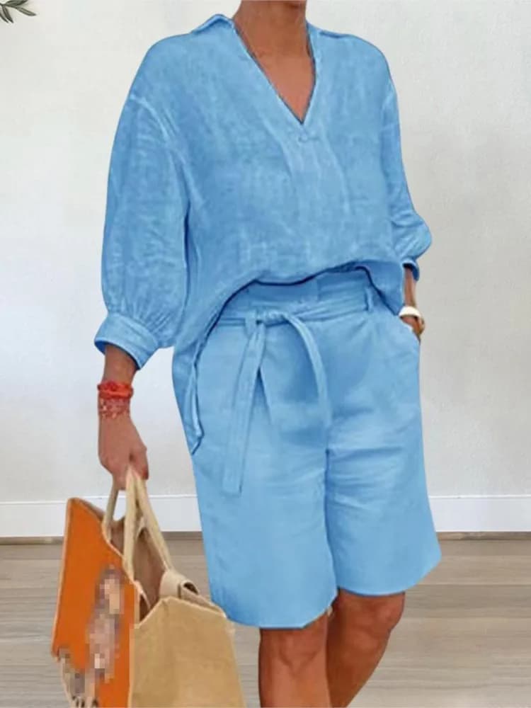 Women's Dresses Elegant Style Two-piece Half Sleeve Set with V-neck Casual Shirt + Shorts with Pocket Belt Summer Dresses in Cotton and Linen