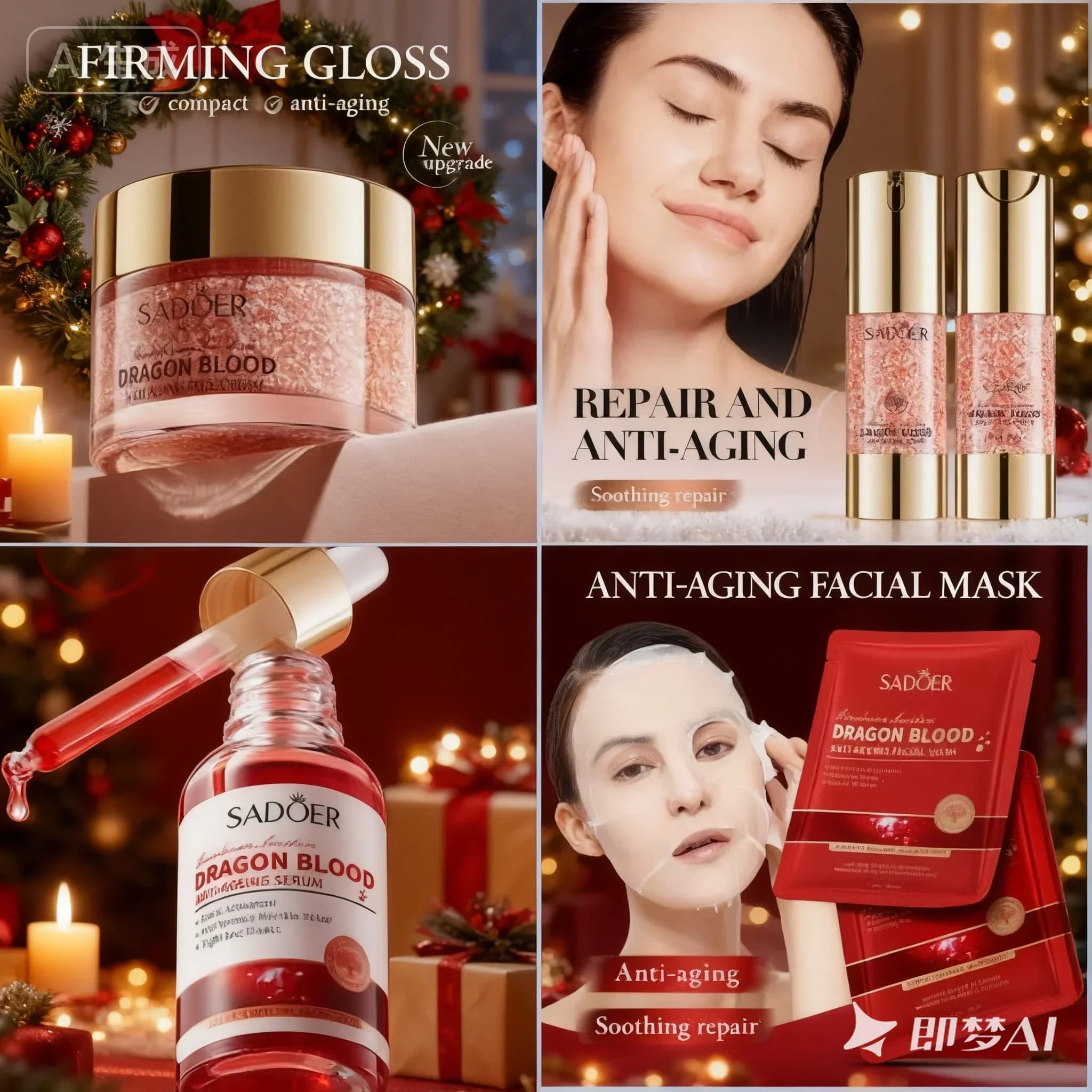 Set SADOER Dragon Blood con siero antirughe e crema viso e 2 maschere idratanti - Effetto lifting e rassodante - Set da 10 pezzi - 4 confezioni