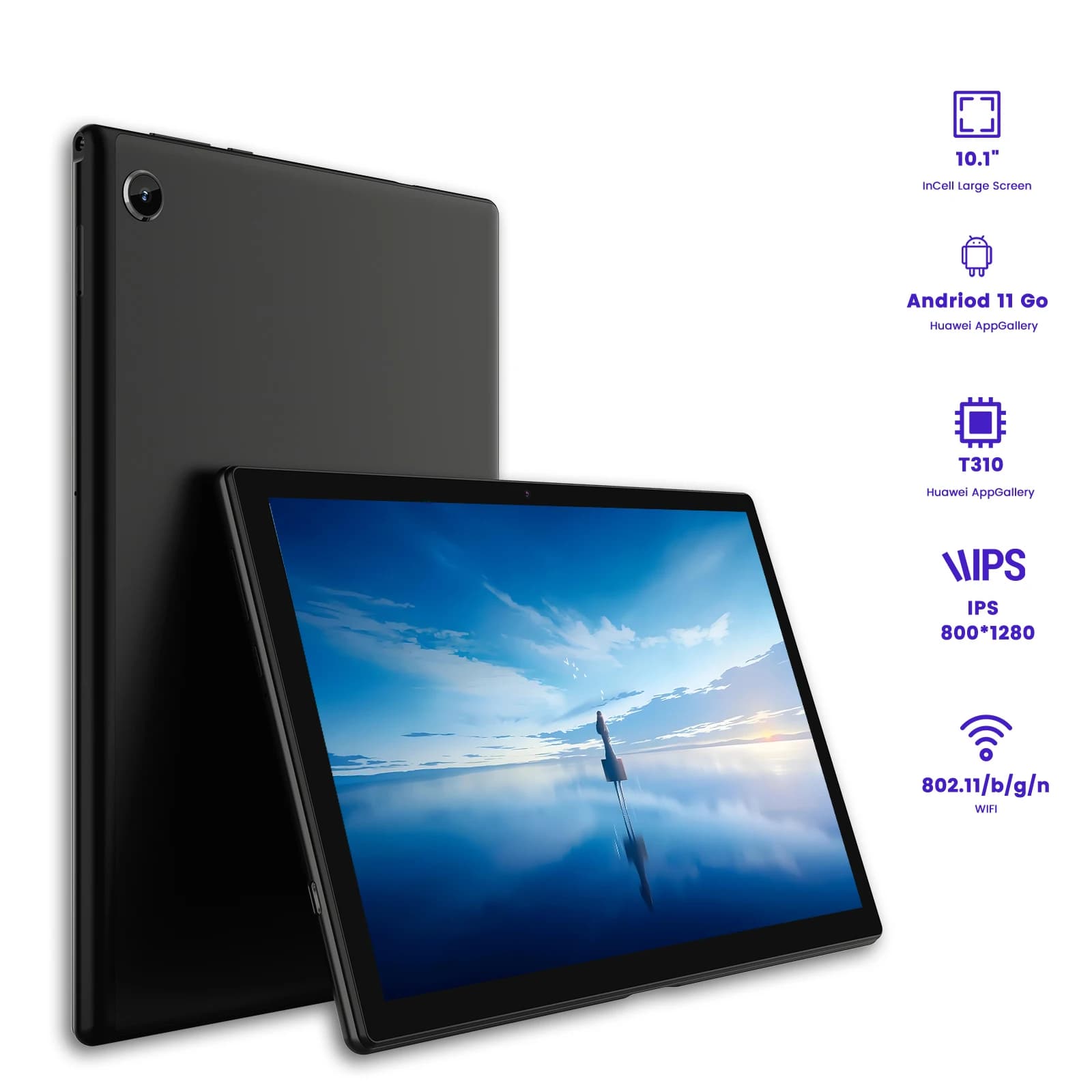 Tablet Computer 10,1 pollici, risoluzione 1280*800, processore T310, memoria 2+32Gb, supporta Bluetooth, Wifi, GPS, Galileo, scheda di memoria Tf Espansione 256Gb, sistema Android 11 senza Google Play, dotato di servizio Huawei App Market