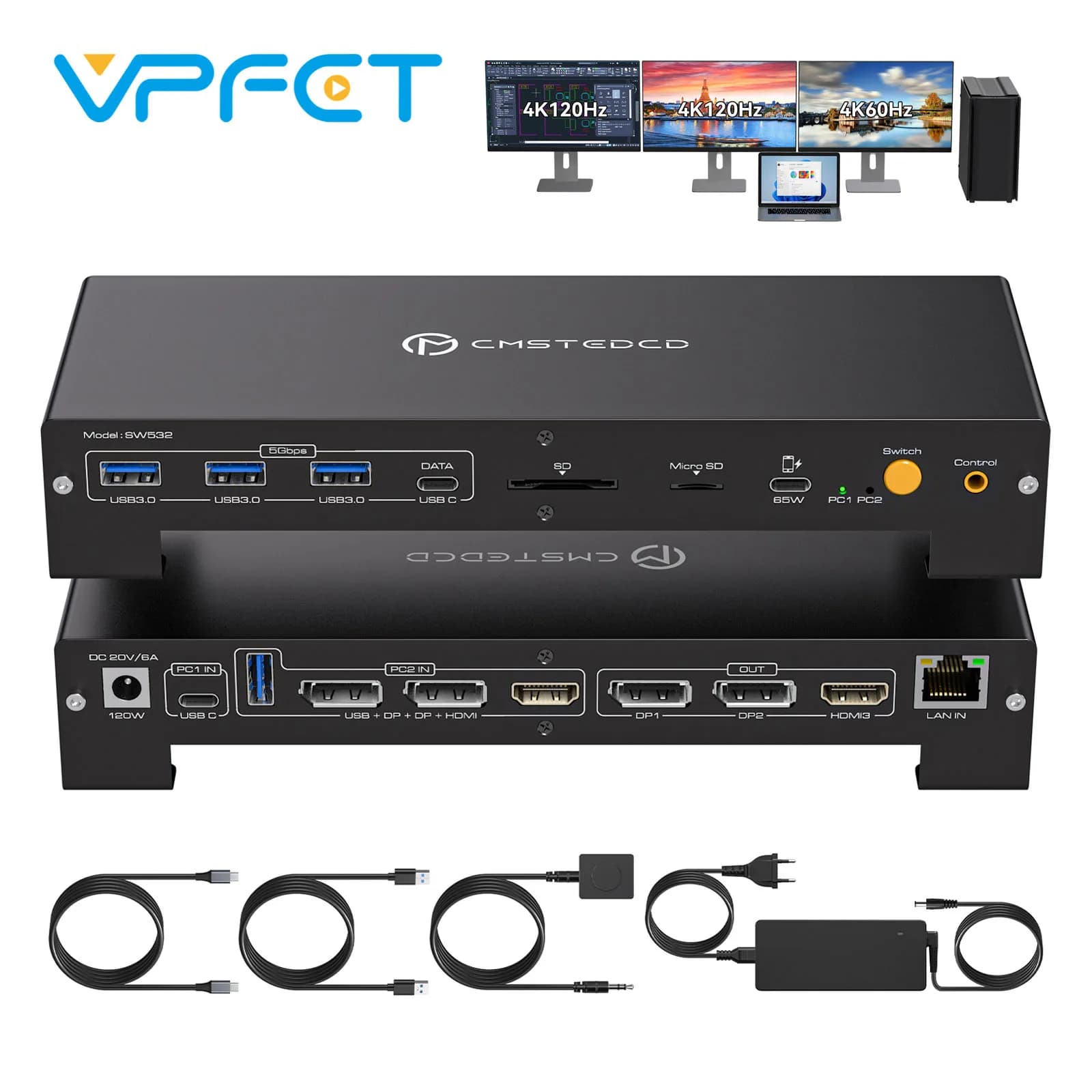 Docking station per switch KVM 3 monitor 2 computer DP 4K@120Hz HDMI 4K@60Hz per laptop e PC Thunderbolt fino a 100W PD Charge