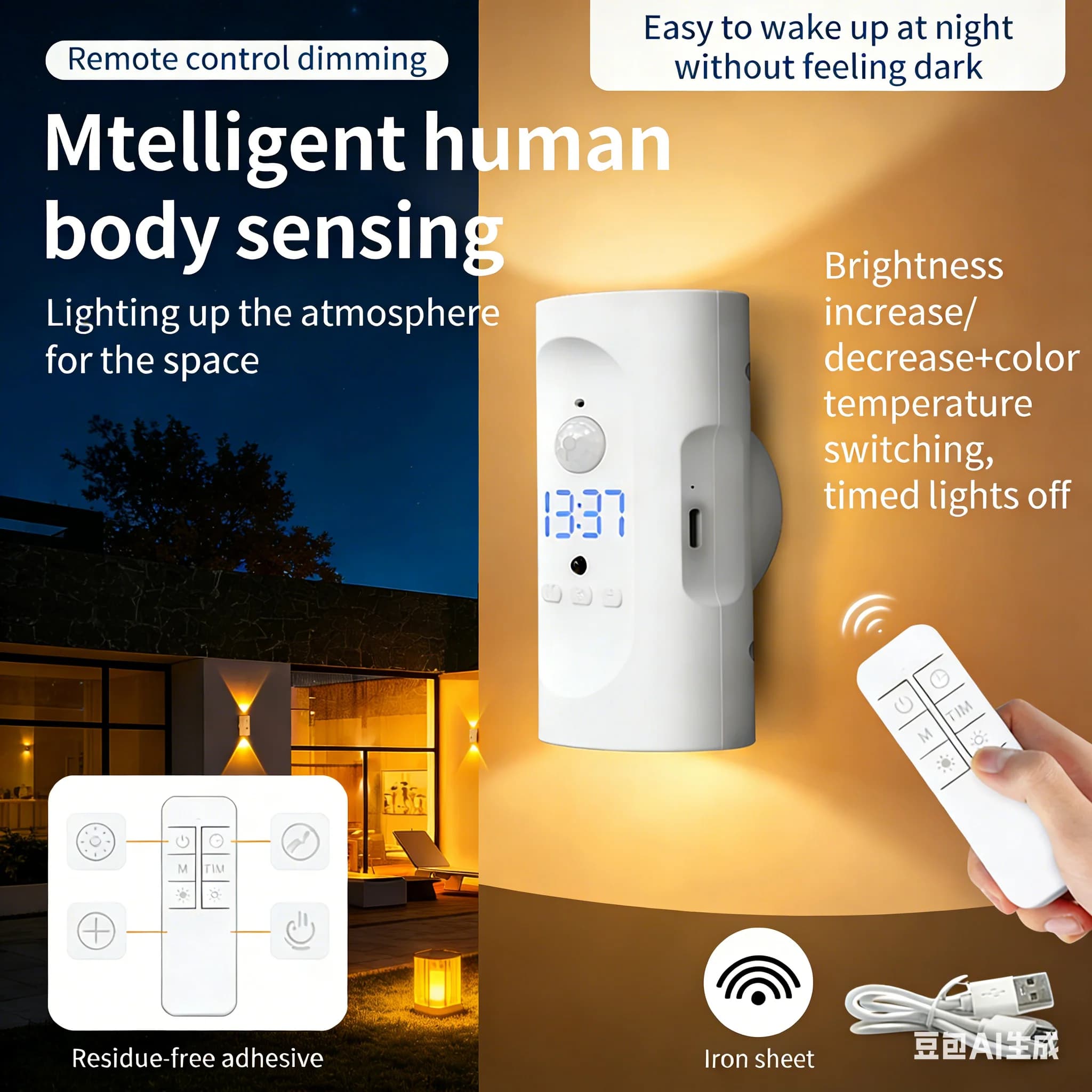 Lampada da Parete Magnetica a LED Ricaricabile con Sensore di Movimento, Doppia Testa, Telecomando, Luce Notturna per Corridoio, Armadio, Camera da Letto