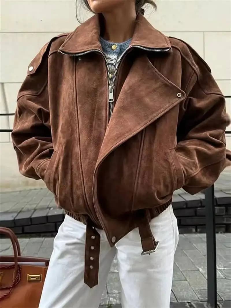 Women's Belt Short Suede Jackets Loose Lapel Long Sleeve Zipper Coats 2026 Spring Lady Vintage Female Outwear Street