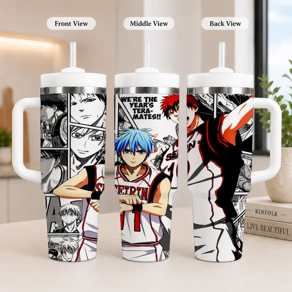 Hot Anime Kuroko's Basketball Vacuum Flasks 40oz Leakproof Steel Tumbler w/ Lid Straw Handle Hot Cold Drinks