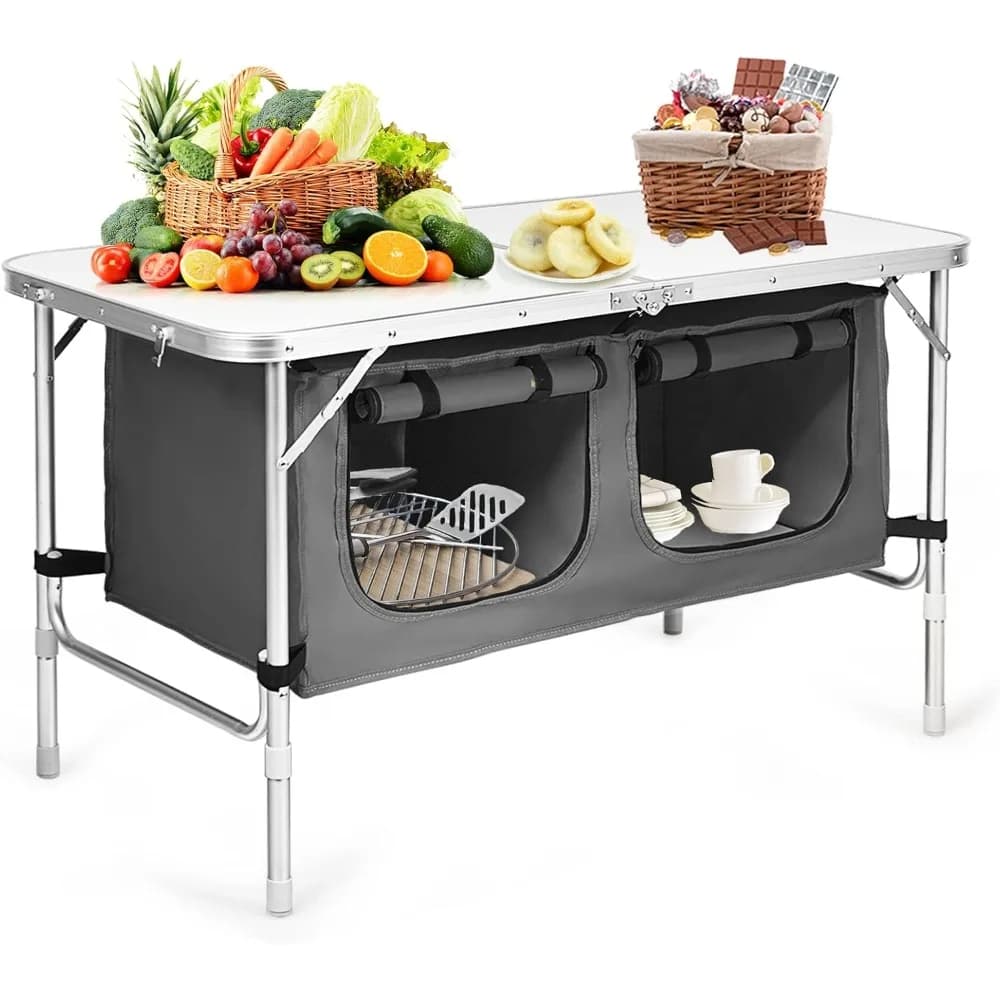 Tavolo da campeggio pieghevole con portaoggetti: tavoli da picnic portatili in alluminio, altezza regolabile per viaggi in barbecue per feste in campeggio interni/esterni