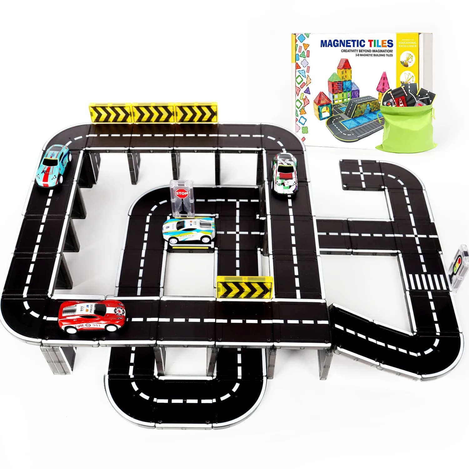 Magnetic Building Blocks Magnetic Tiles Toy Medium Size, Road Track, Small Car, City Traffic Construction Toy