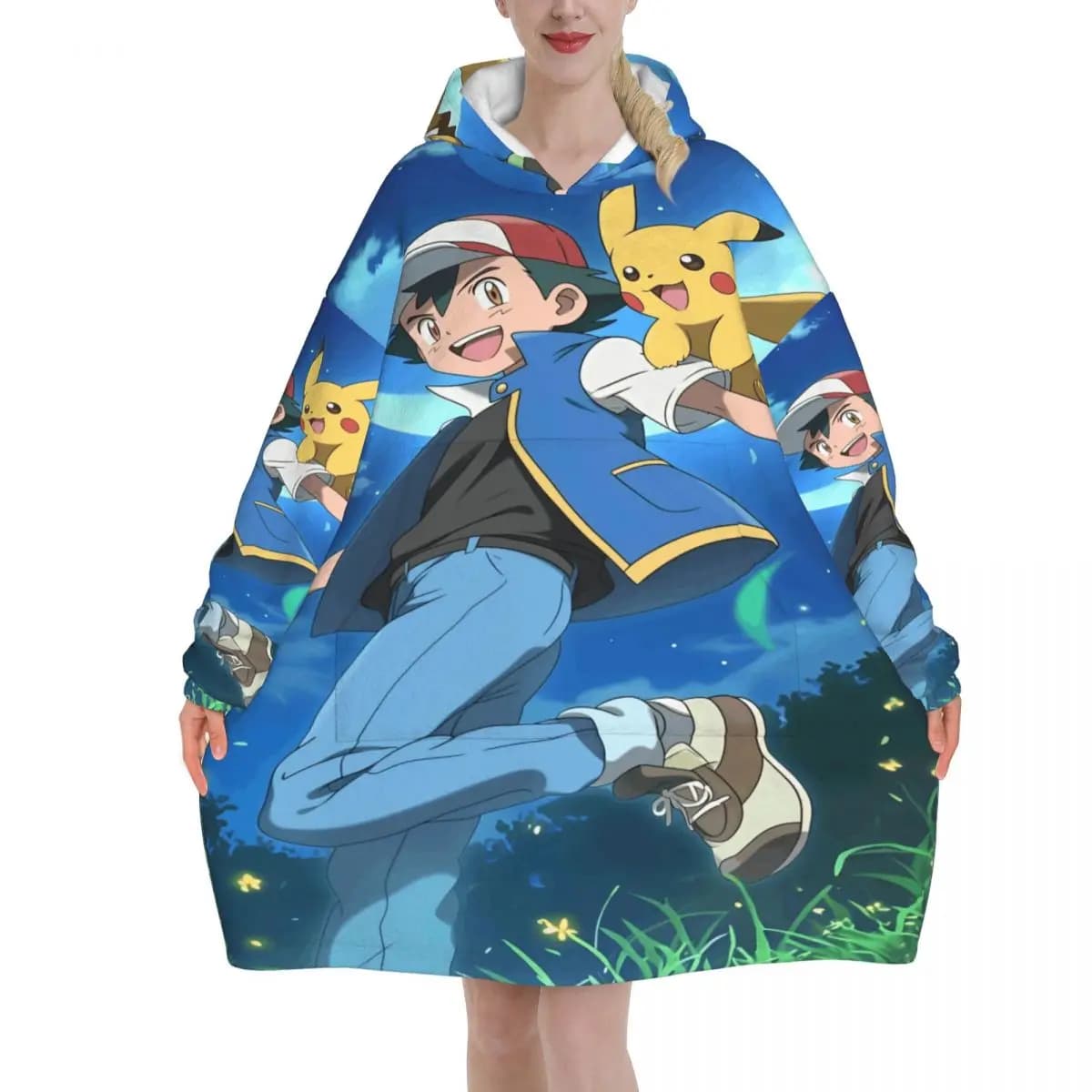 Pokemoned Pikachus Cover with hood Oversize wearable cover with pocket Warm fur bag Soft and cozy