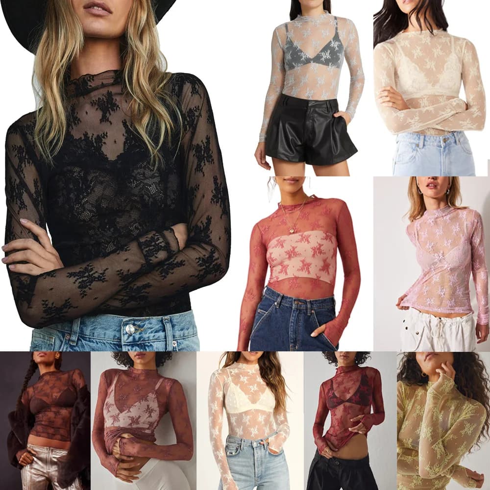 Women's Casual Lace Base Shirt Mesh Underwear Sexy T-shirt Half High Collar Loose Fit Polyester Fiber European Style