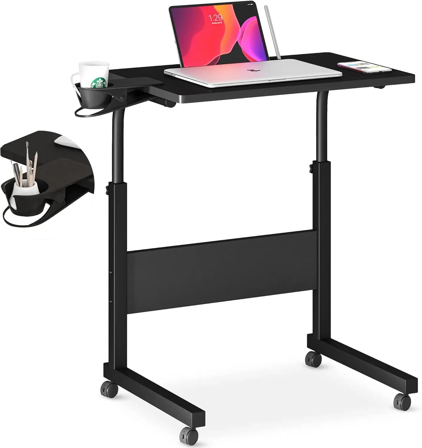 Scrivania regolabile in altezza con ruote, tavolo portatile per laptop per ufficio domestico, nero