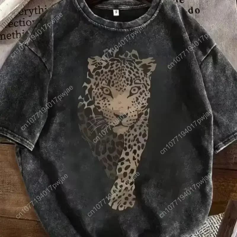 Leopard Print Vintage Washed T-Shirt (Men's & Women's) — Cotton Crew Neck, Short Sleeve, Retro Street Style, Machine Washable