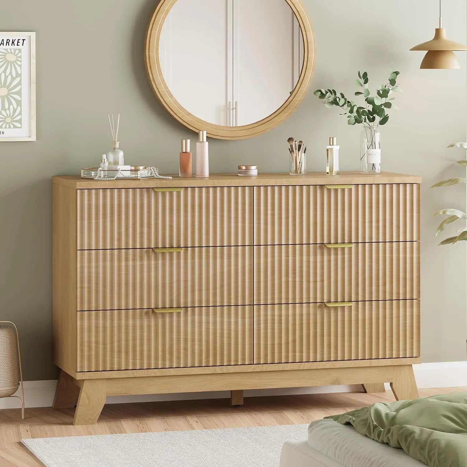 Cassettiera scanalata a 6 cassetti, 48 pollici di larghezza, con maniglie in metallo, mobile TV in legno, organizer per armadio, camera da letto, soggiorno, corridoio, in rovere, personalizzabile