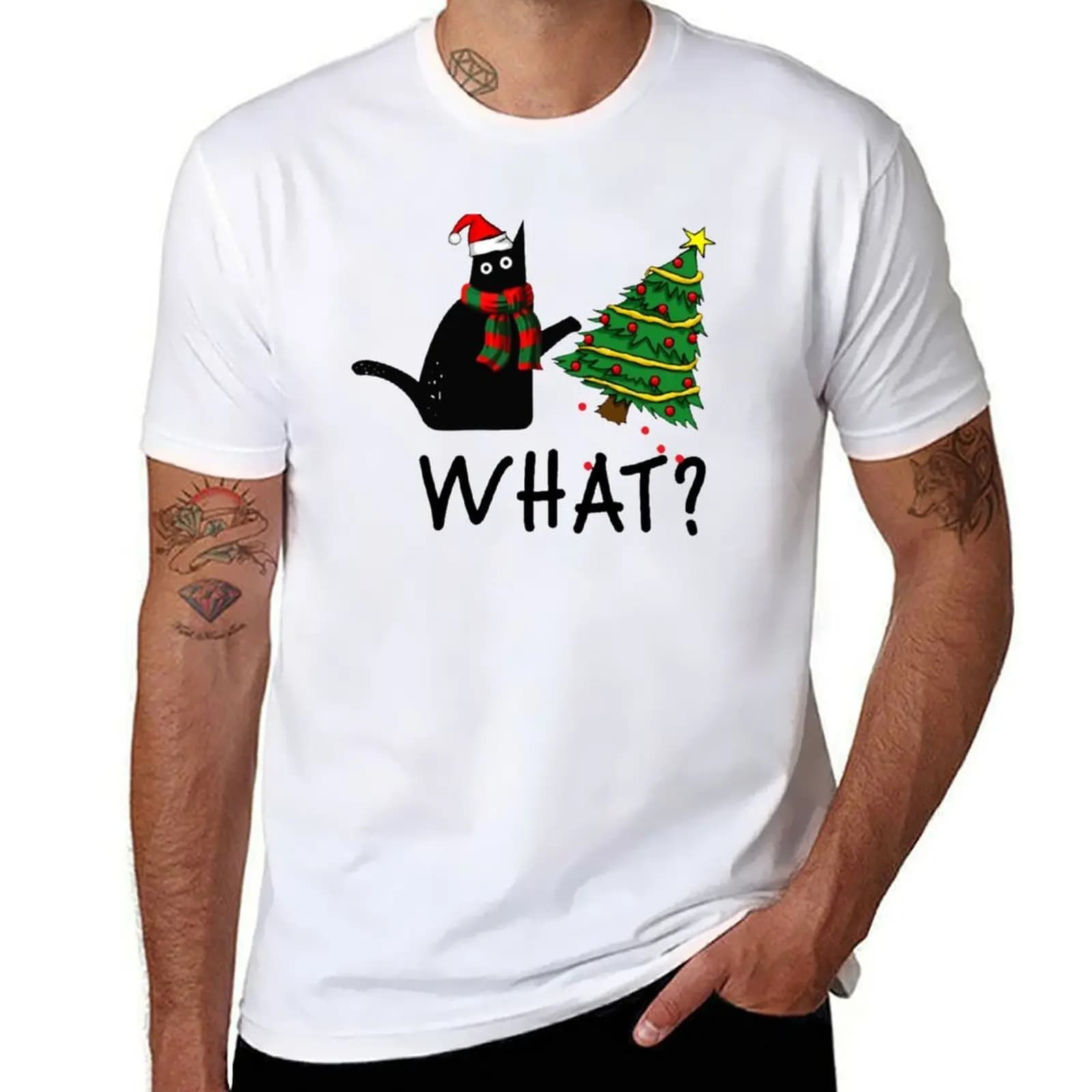 Regalo per gatti neri che spinge l'albero di Natale sul gatto, cosa? T-shirt da uomo t-shirt da uomo T-shirt di marca di lusso in cotone 100%.