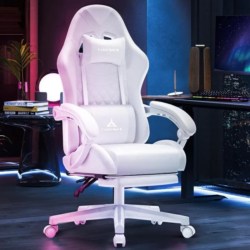 Sedia da gioco bianca, sedia da scrivania ergonomica per computer da massaggio con poggiapiedi, cuscino a molla tascabile, pelle reclinabile