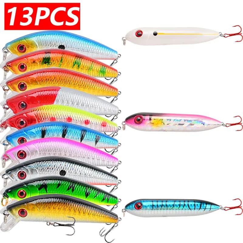 13pcs Fishing Lure Set 7.8g Minnow & 12.7g Pencil 3D Eyes Perch Artificial Bait Pike Carp Bait Great Gift for Anglers