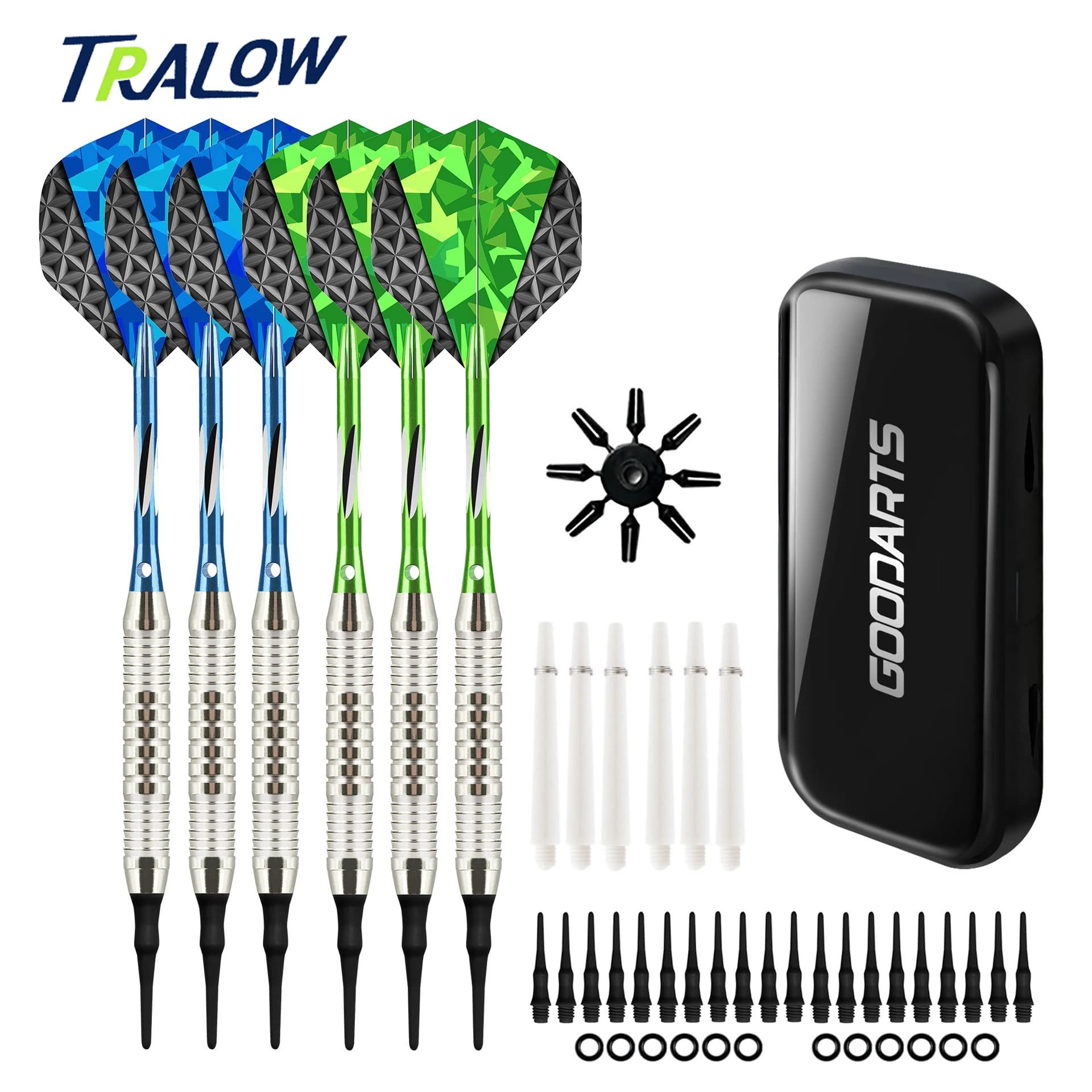 TRALOW Set di freccette con punta morbida per freccette elettroniche, con aste in ottone, aste in alluminio, 6 voli per freccette, 6 aste di ricambio, 20 punte morbide