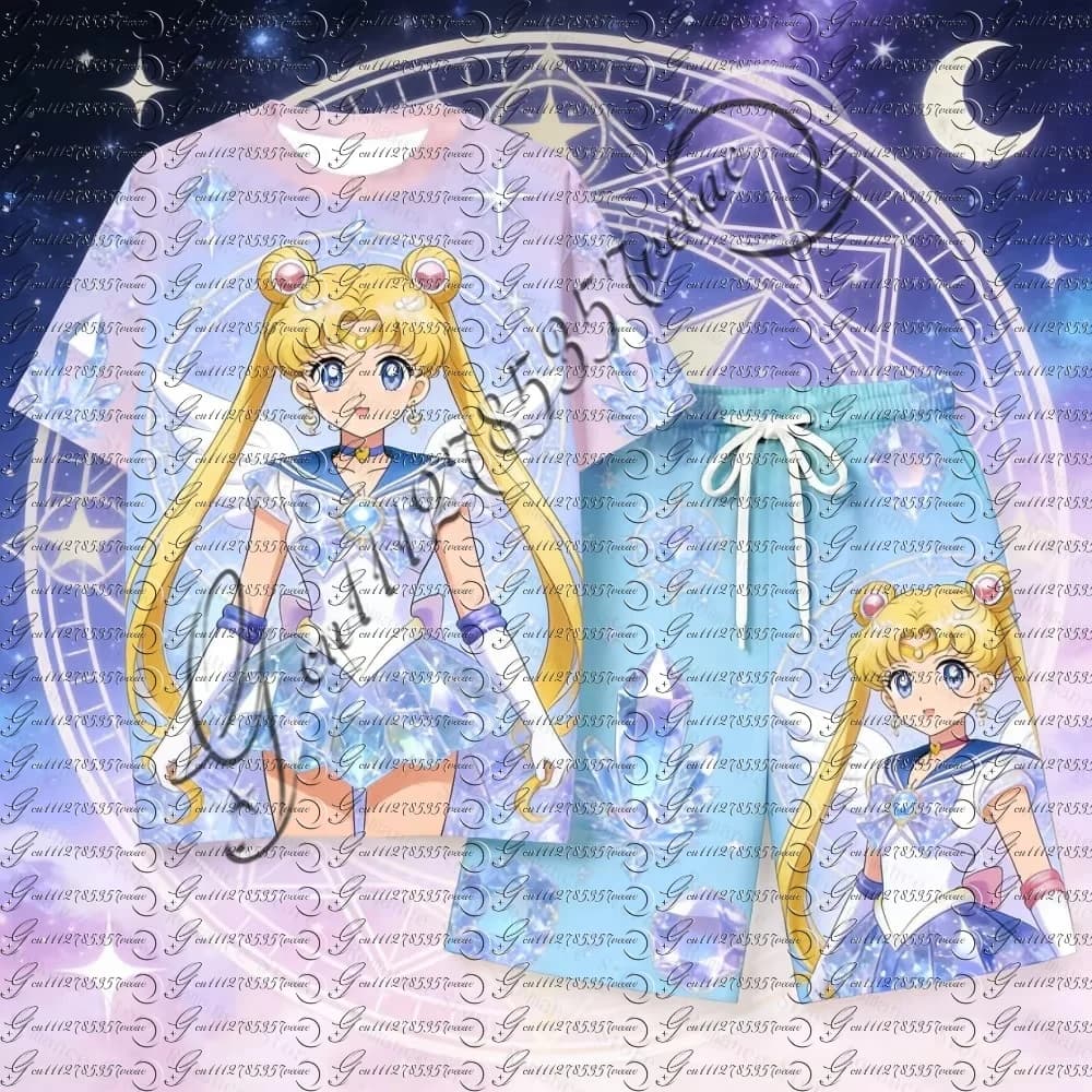 Pigiama Unisex Estivo a Maniche Corte con Motivo Anime Sailor Moon Crystal, Set Kawaii per Bambini, Outfit da Casa con Cartoni Animati