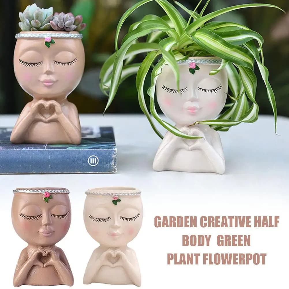Vaso Decorativo a Forma di Volto Umano in Resina con Foro di Drenaggio, Statuetta Artistica di Bambina per Piante Succulente