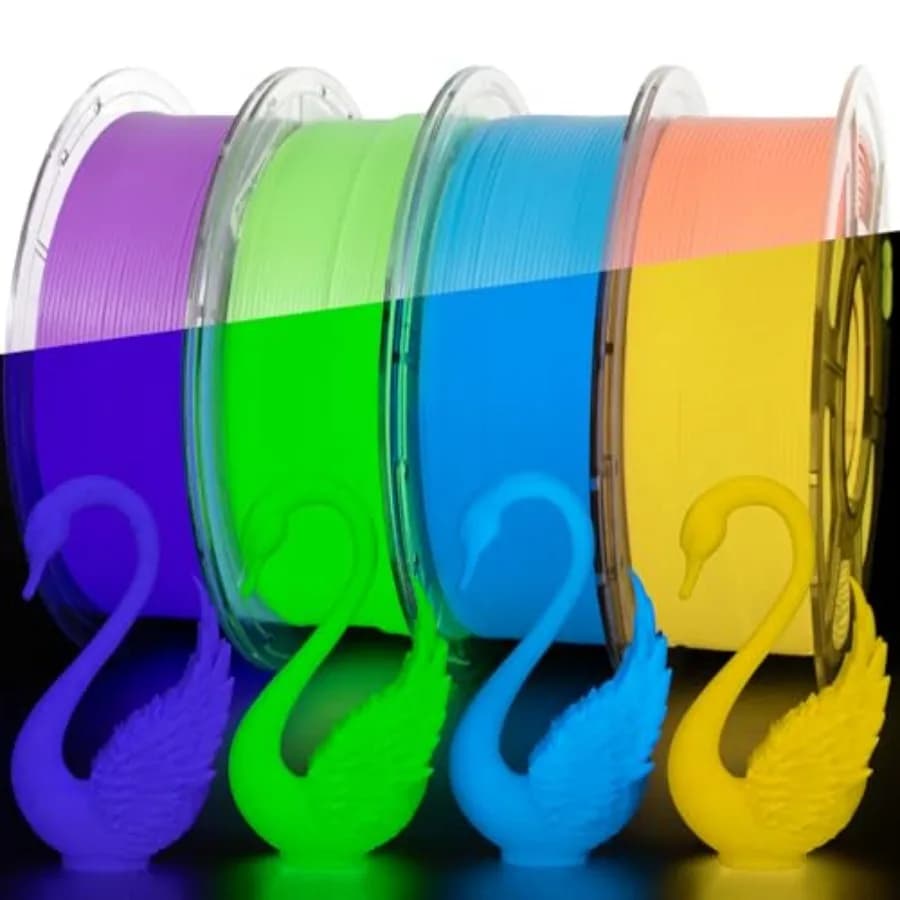 Confezione di filamenti per stampanti 3D per uso hobbistico, materiale PETG, colori arancione/verde/blu/viola, funzione fosforescente, diametro 1,75 mm