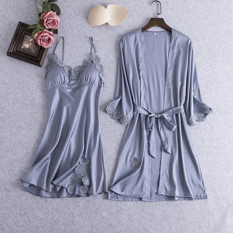 Twinset Female Kimono Gown Suit Summer Robe Nightgown Set Silky Satin Nightwear Sleepwear Dress Lace Bathrobe Homewear